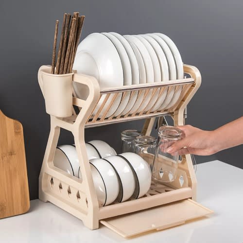 Dish Drying Rack2 Tier Dish Racks With Tray, Cup Utensil Holder -Pink