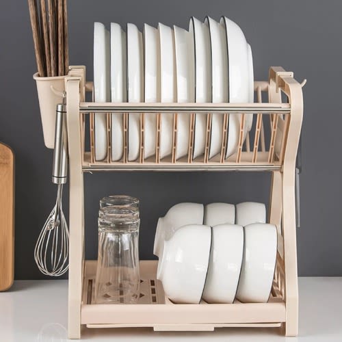 Dish Drying Rack2 Tier Dish Racks With Tray, Cup Utensil Holder -Pink