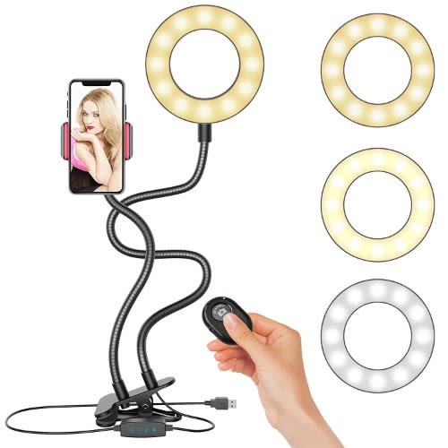 3 Light Mode Selfie Ring Light Cell Phone Holder +  Bluetooth Remote Control - Black