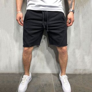 Men Cotton Loose Gym Fitness Shorts Bodybuilding Joer Raw-Edge Summer Short Pants Quick Dry Beach Board Sweatpants-black