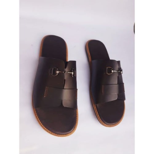 Men's Brown Leather Slippers with Chain Detail