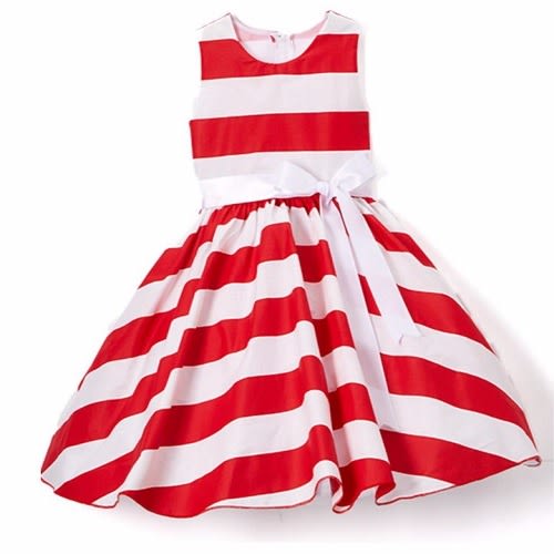 Striped Sash-Tie Dress -  Red & White