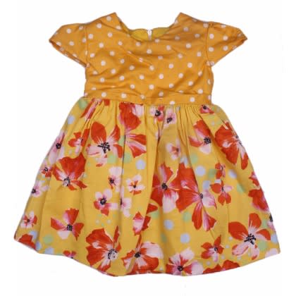 Polka Dots Floral Cotton Dress  -Yellow