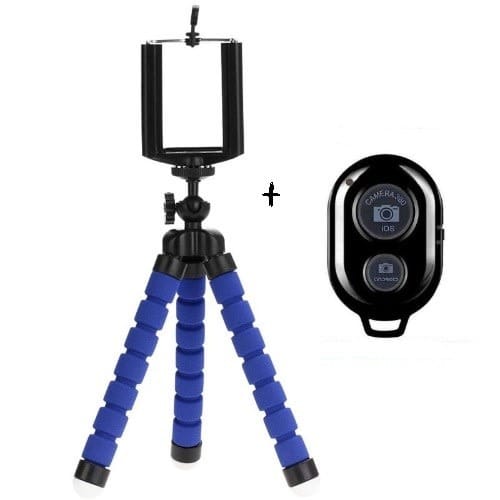 Flexible Octopus Tripod Stand + Phone Holder Clip + Bluetooth Remote Shutter - Blue