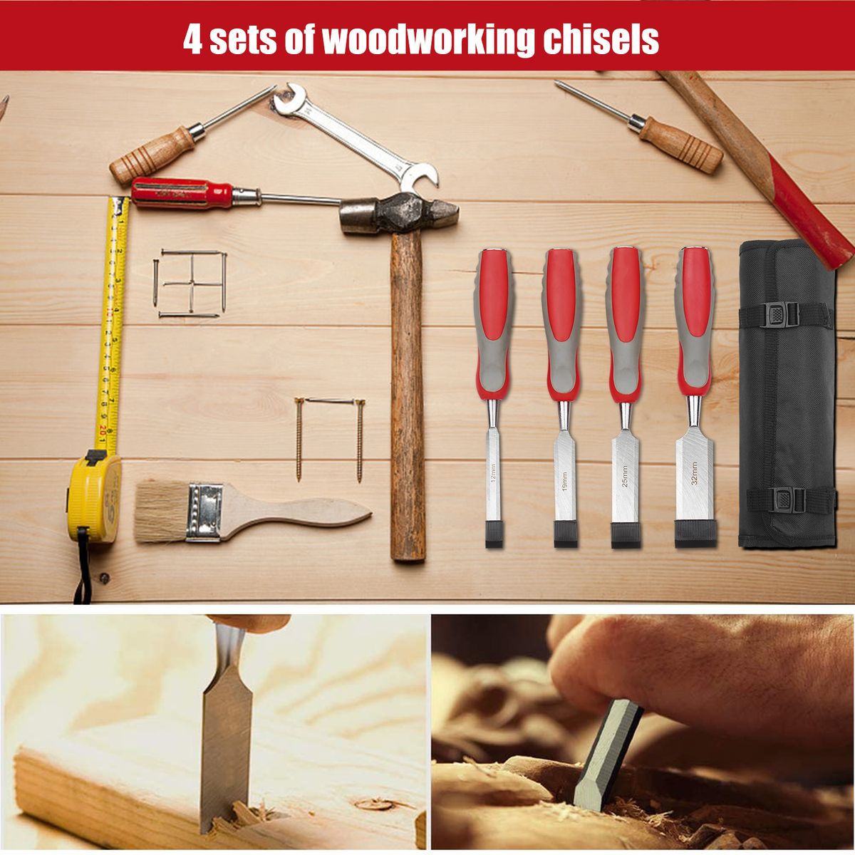 5pcs Wood Chisel Set For Carpentry With Storage Bag Non-slip