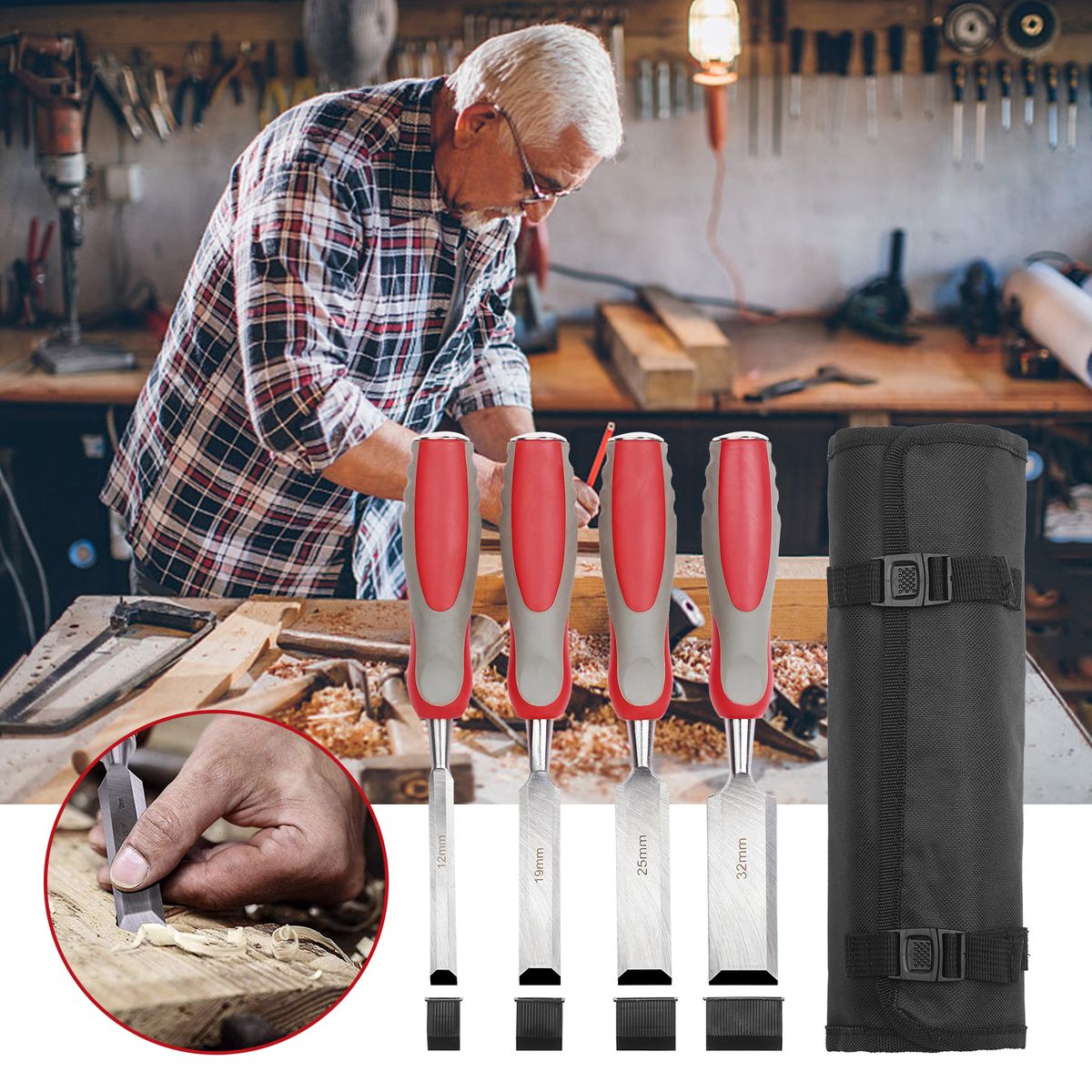 5pcs Wood Chisel Set For Carpentry With Storage Bag Non-slip