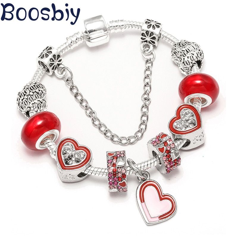 Boosbiy Silver Plated Charm Bracelet With Heart Beads For