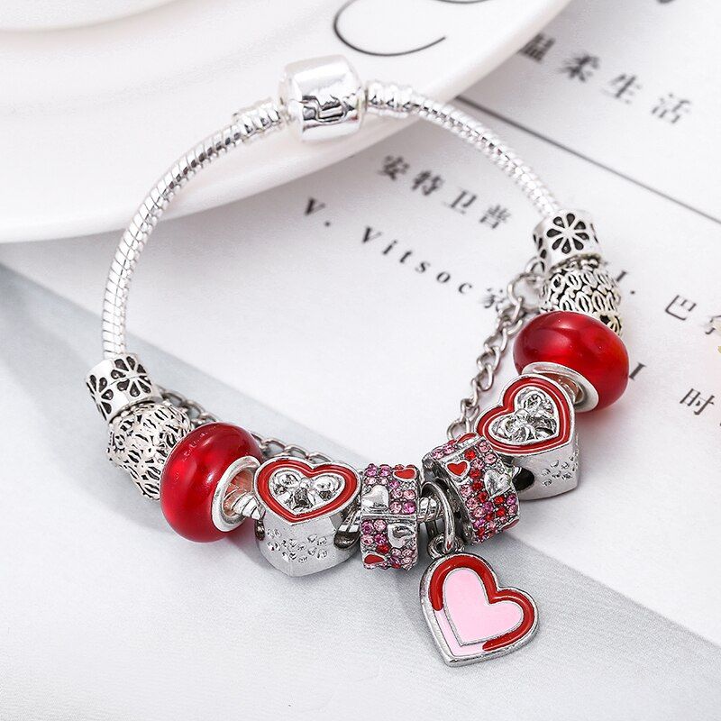 Boosbiy Silver Plated Charm Bracelet With Heart Beads For