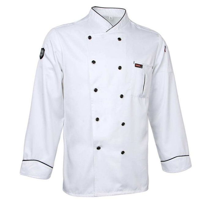 Men Women Piping Chef Jacket Coat Uniform Long Sleeve Hotel 2XL White