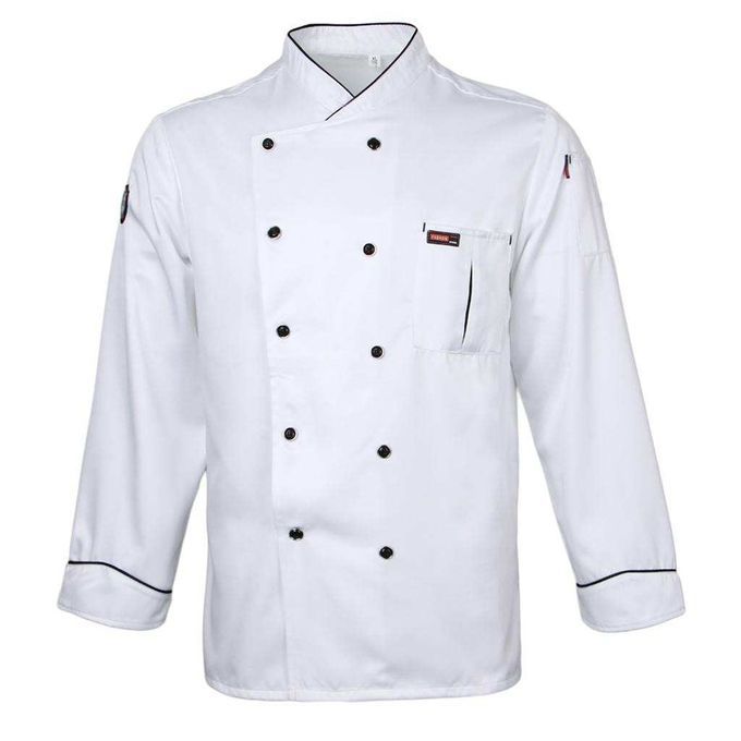 Men Women Piping Chef Jacket Coat Uniform Long Sleeve Hotel 2XL White