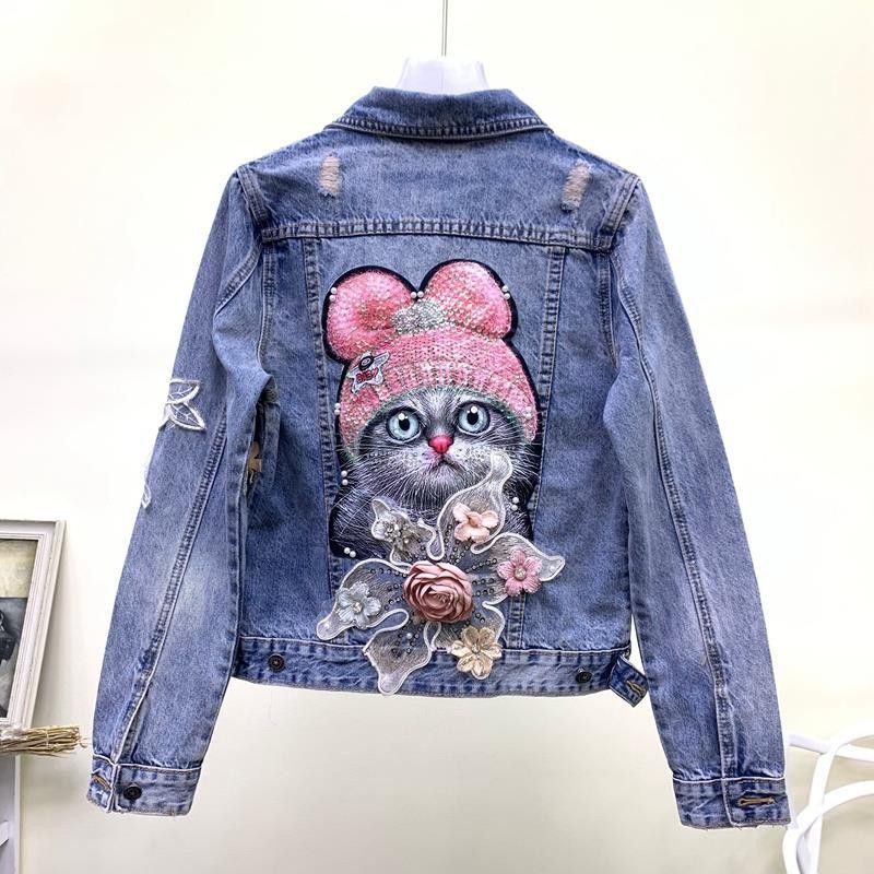 O06 BlueO Cat Embroidery Flower Ladies Jean Jacket