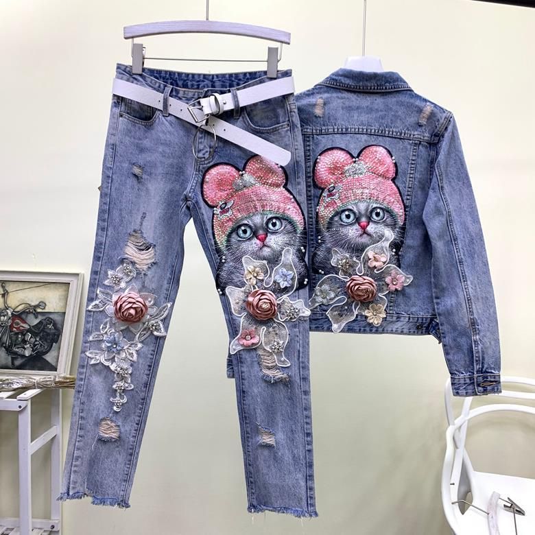O06 BlueO Cat Embroidery Flower Ladies Jean Jacket