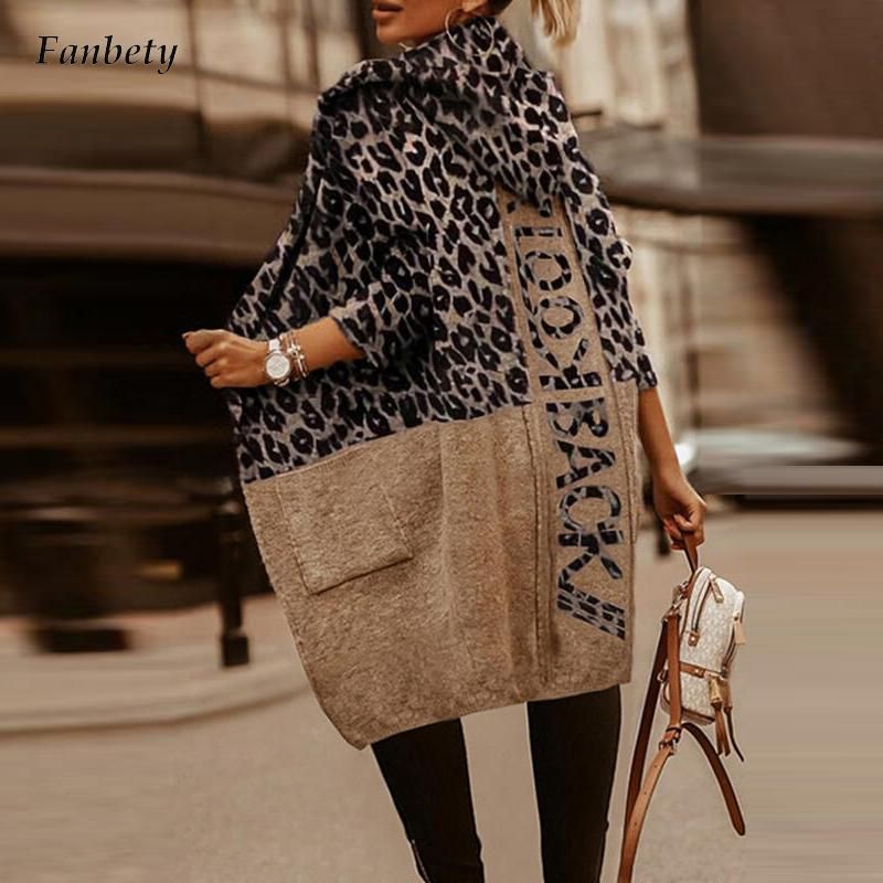 Elegant Warm Fall Winter Overcoats Women Fashion Letter Print Woolen Coat Ladies Casual Leopard Hooded Coats Streetwear 2021 New