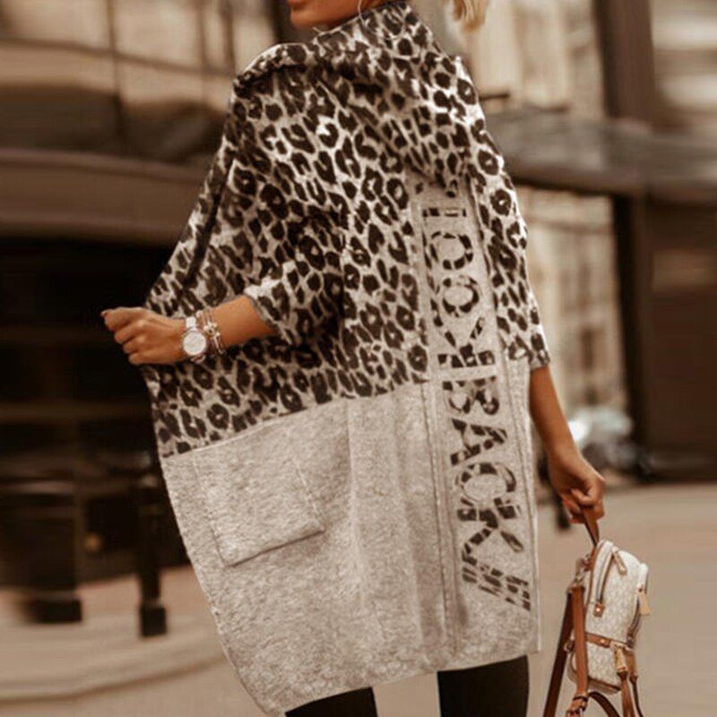 Elegant Warm Fall Winter Overcoats Women Fashion Letter Print Woolen Coat Ladies Casual Leopard Hooded Coats Streetwear 2021 New
