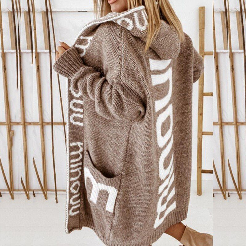 Elegant Warm Fall Winter Overcoats Women Fashion Letter Print Woolen Coat Ladies Casual Leopard Hooded Coats Streetwear 2021 New