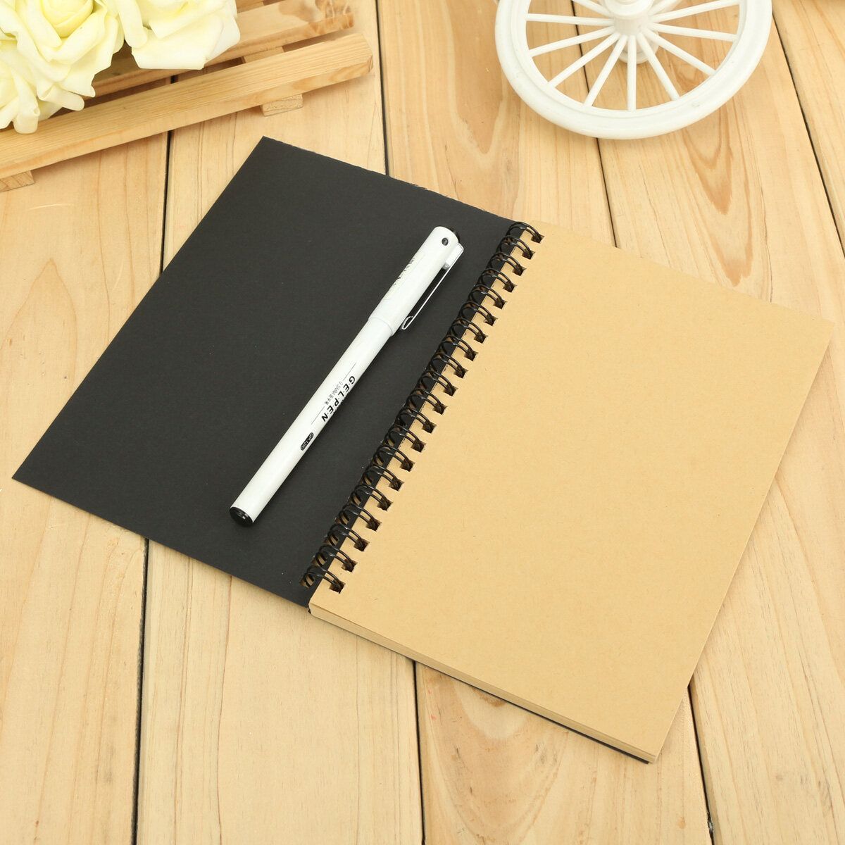 Reeves Retro Spiral Bound Coil Sketch Book Blank Notebook Kraft Sketching Paper Black Card Cover White Paper Inside Page Black Cardboard Cover Kraft Paper Inner Page