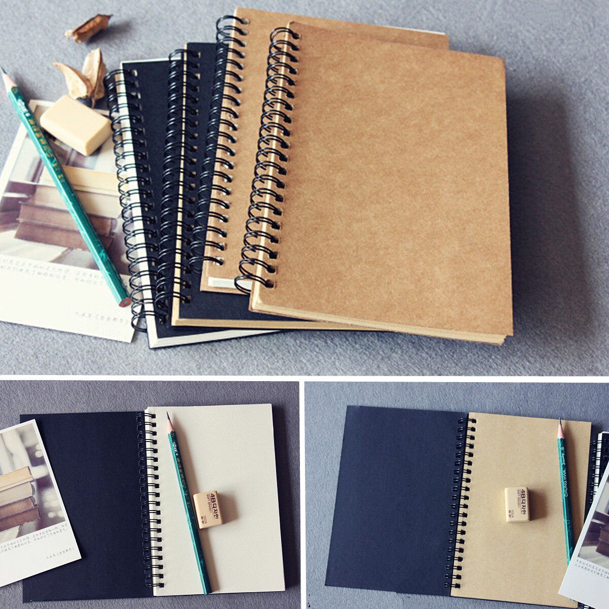 Reeves Retro Spiral Bound Coil Sketch Book Blank Notebook Kraft Sketching Paper Black Card Cover White Paper Inside Page Black Cardboard Cover Kraft Paper Inner Page