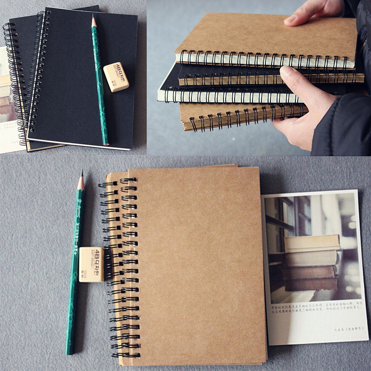 Reeves Retro Spiral Bound Coil Sketch Book Blank Notebook Kraft Sketching Paper Black Card Cover White Paper Inside Page Black Cardboard Cover Kraft Paper Inner Page