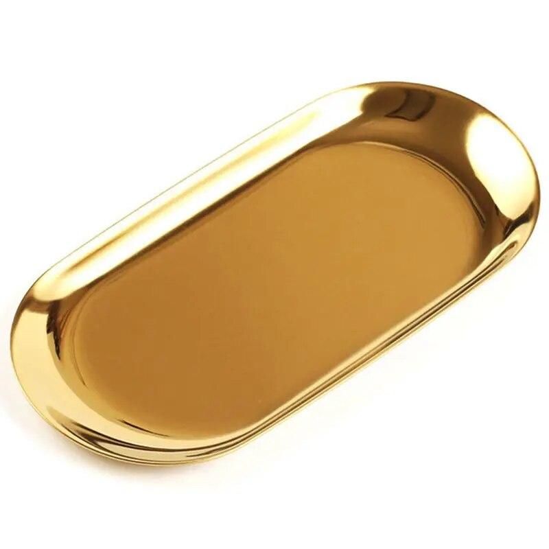 Metal Storage Tray Gold Oval Dotted Fruit Plate Small Items Jewelry Display Tray Mirror
