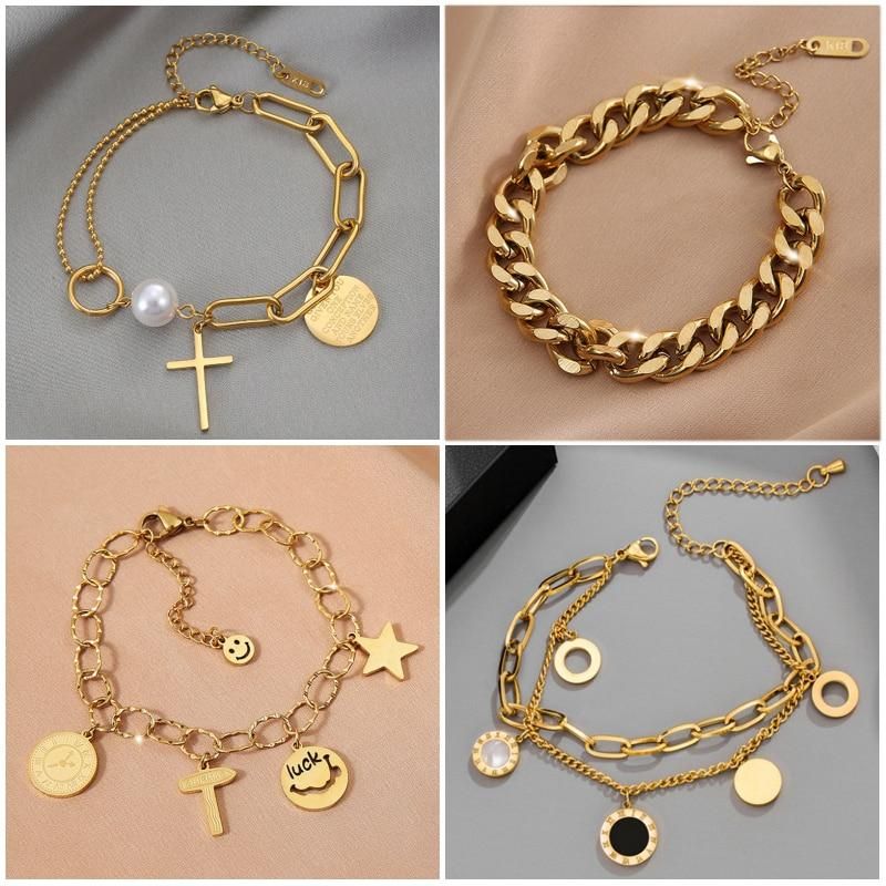 DIEYURO 316L Stainless Steel Gold Color Multilayer Cross Charm Bracelet For Women Punk Street Heart Smiley Wrist Jewelry Gift