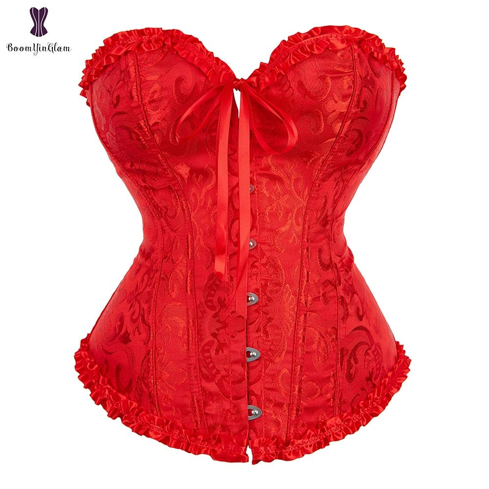 Jacquard Floral Overbust Corset Front Busk/Zipper Waist  Top Elegant-810 Red