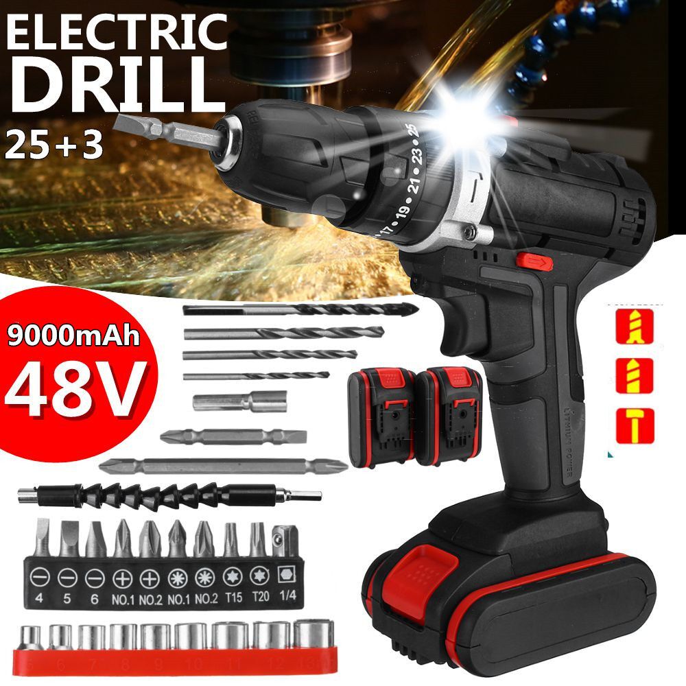 6000mAh 48V 25-28Nm Electric Hammer Drill Cordless Rechargeable Drill Three Function With Impact LED Light Screwdriver+1/2 (with Box) EU Plug 2 Battery+1 Charge