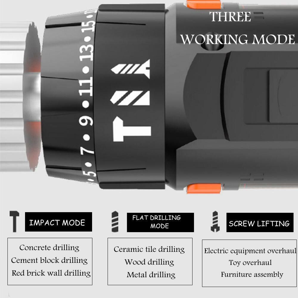 6000mAh 48V 25-28Nm Electric Hammer Drill Cordless Rechargeable Drill Three Function With Impact LED Light Screwdriver+1/2 (with Box) EU Plug 2 Battery+1 Charge