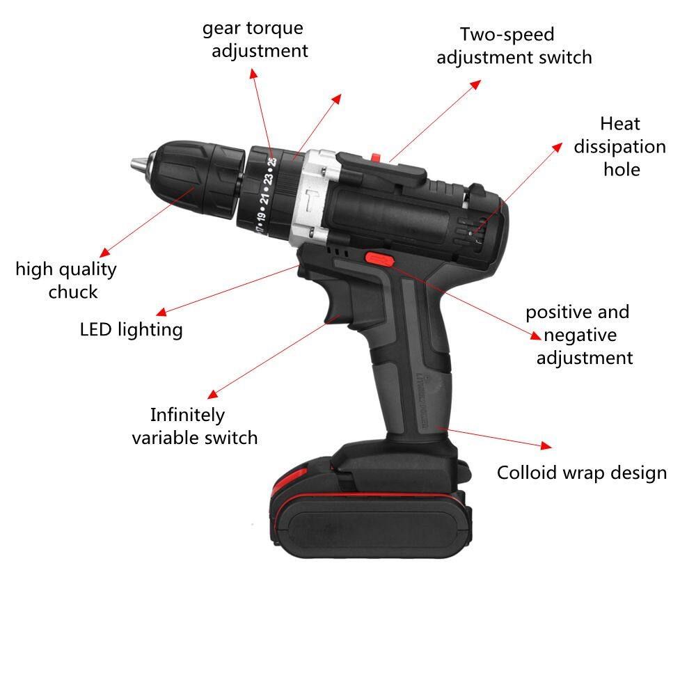 6000mAh 48V 25-28Nm Electric Hammer Drill Cordless Rechargeable Drill Three Function With Impact LED Light Screwdriver+1/2 (with Box) EU Plug 2 Battery+1 Charge