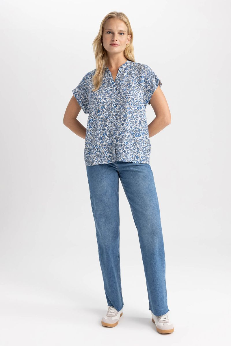 Woman Regular Fit C Neck Woven Short Sleeve Shirt - Blue