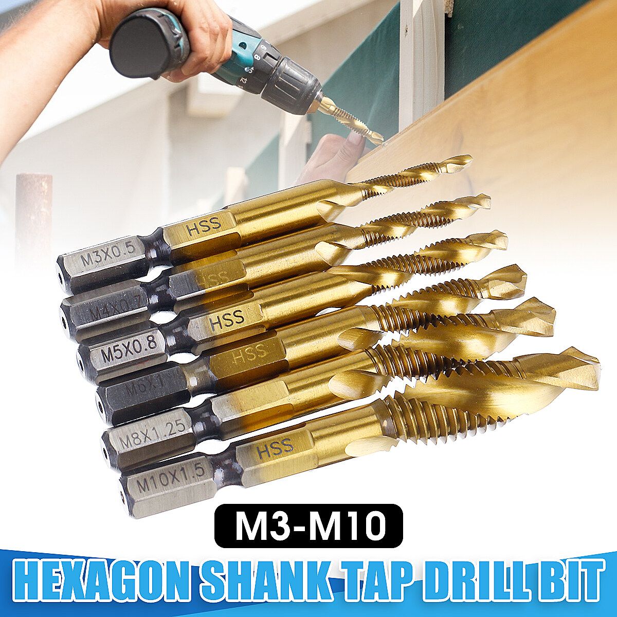 -M10 Hexagon Shank HSS Screw Thread Tap Taper Drill Bit Combination Set M5