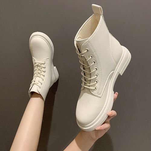 Women's Combat Boots Ladies Ankle Booties Lace Up Martin Boots For Female-White