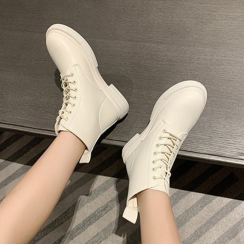 Women's Combat Boots Ladies Ankle Booties Lace Up Martin Boots For Female-White