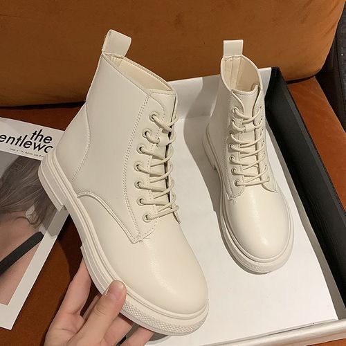Women's Combat Boots Ladies Ankle Booties Lace Up Martin Boots For Female-White
