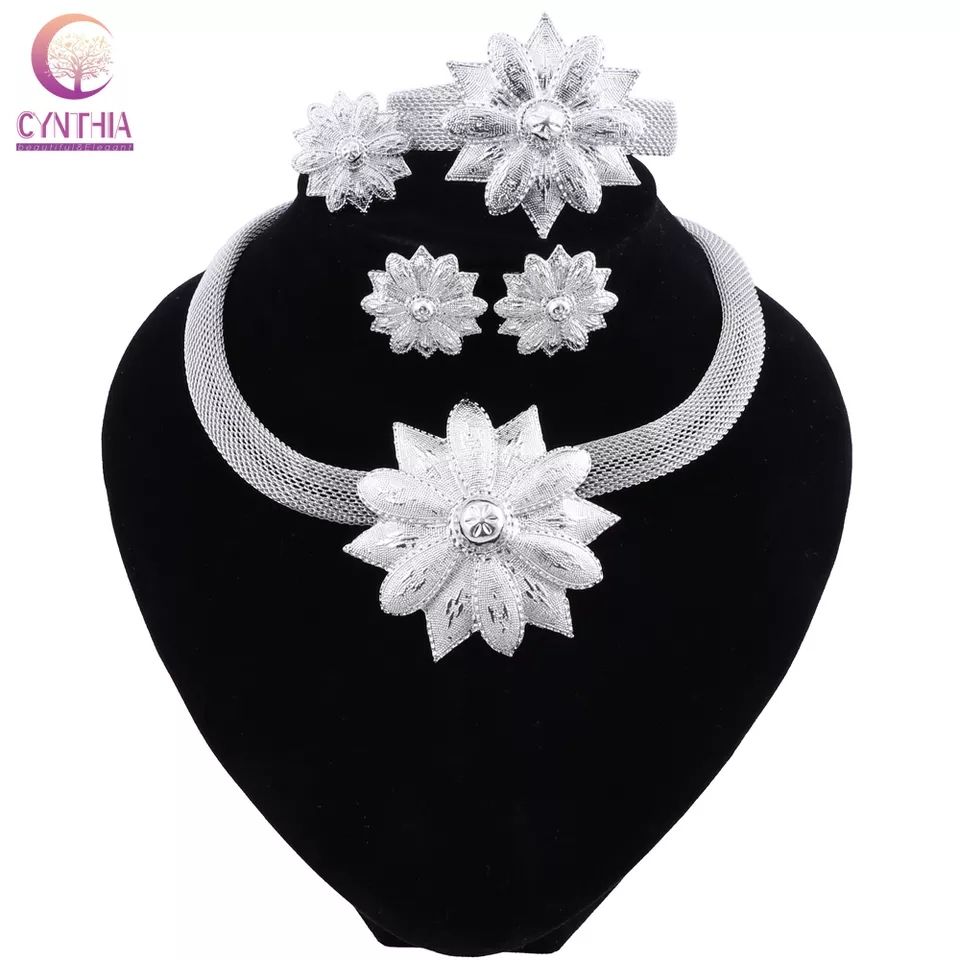Dubai 24karat Plated Gold/Silver Flower Necklace Jewelry Set For Women Arabic African Bridal Party Wedding Gift Indian Choker Set