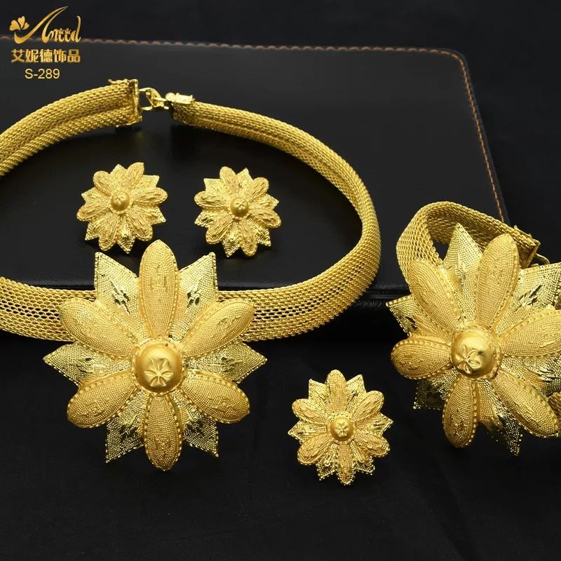 Dubai 24karat Plated Gold/Silver Flower Necklace Jewelry Set For Women Arabic African Bridal Party Wedding Gift Indian Choker Set