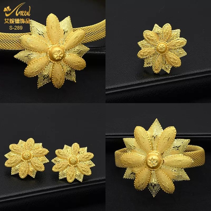 Dubai 24karat Plated Gold/Silver Flower Necklace Jewelry Set For Women Arabic African Bridal Party Wedding Gift Indian Choker Set