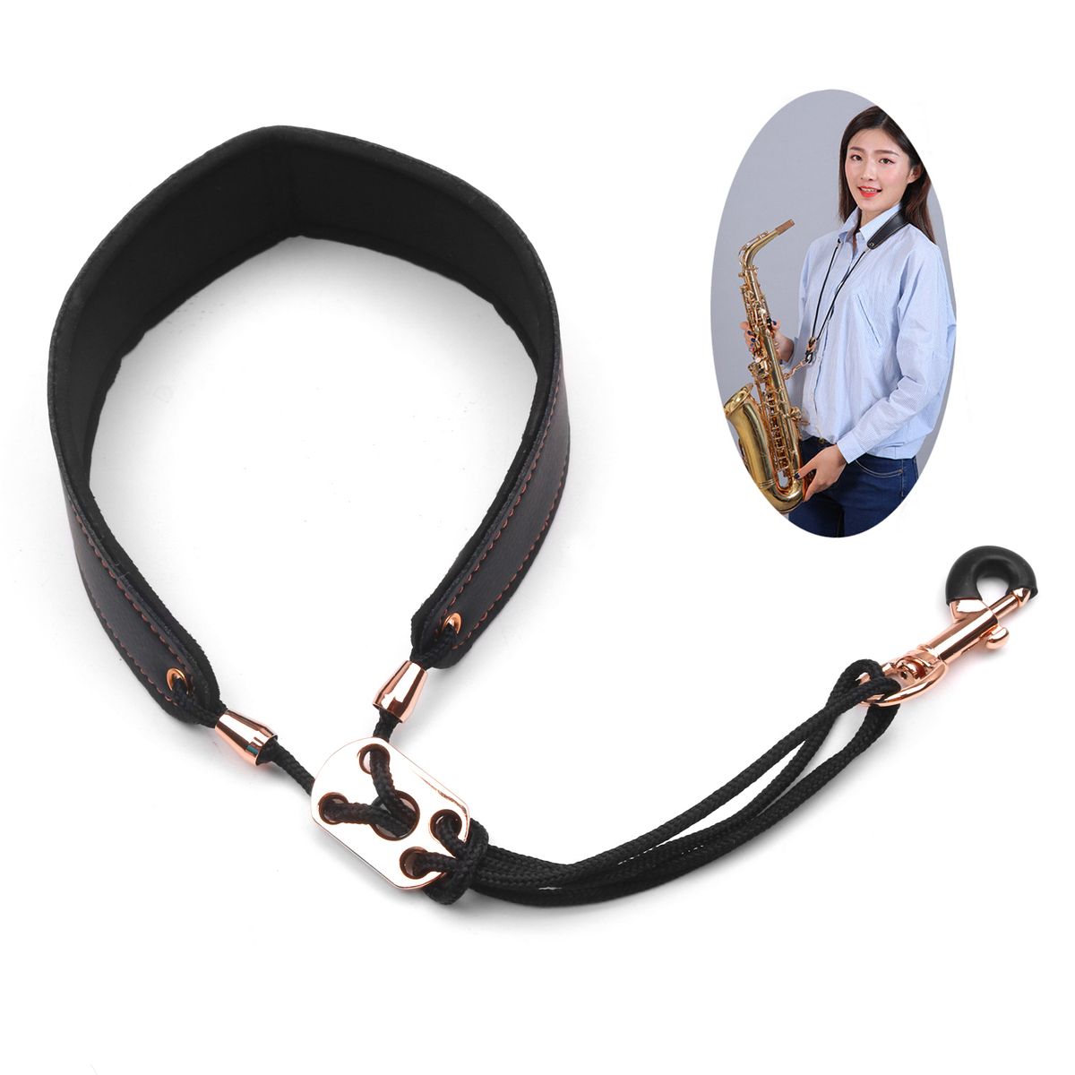 Adjustable Saxophone Neck Strap Leather Sax Strap Metal Hook