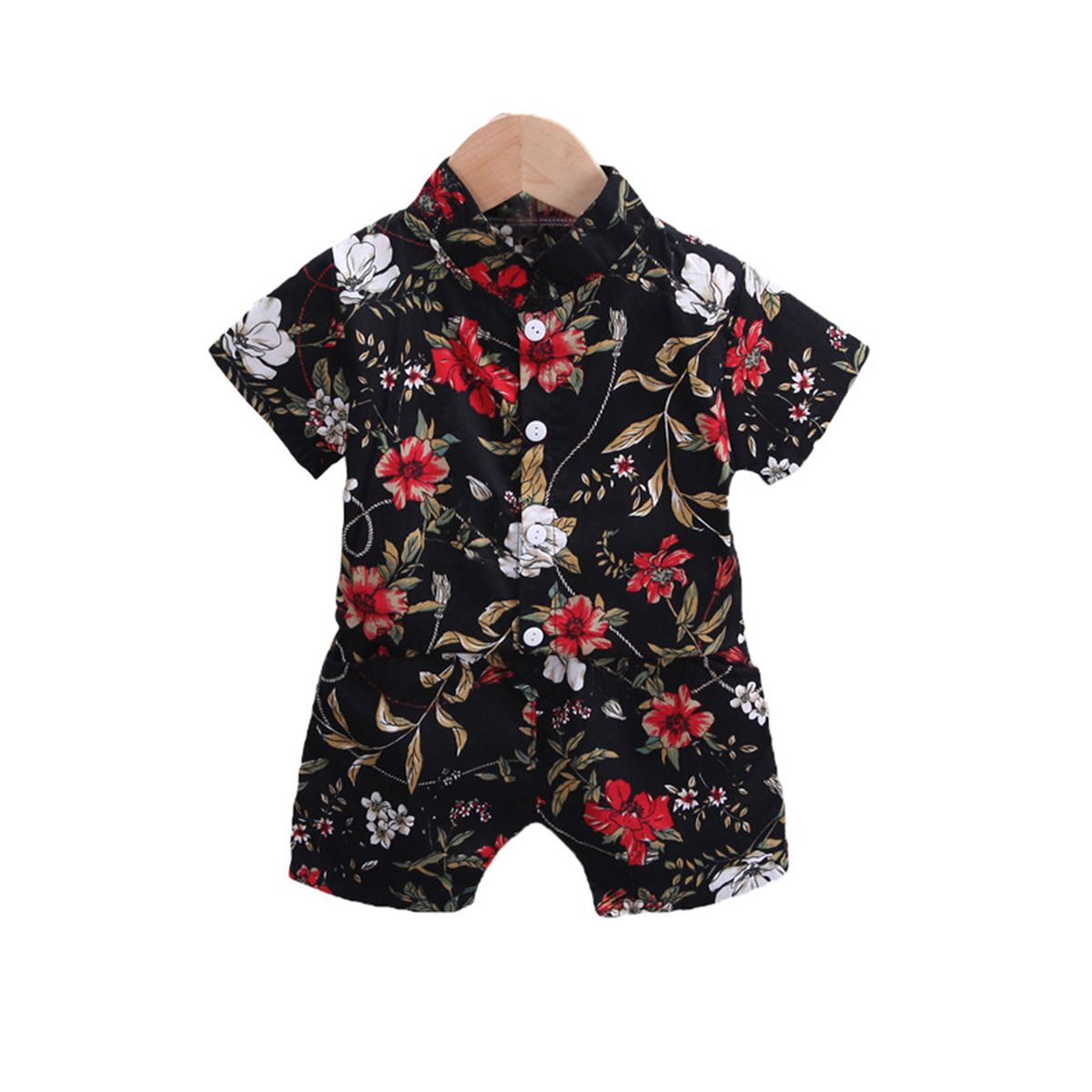 Boys Outfit Full Print Short Sleeve Summer Lapel-Red Black