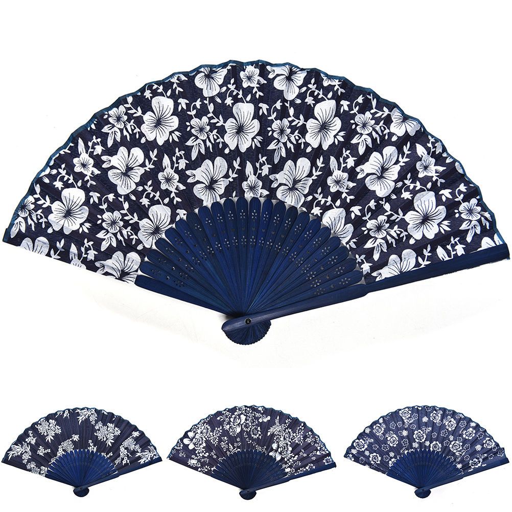 Flower Bamboo Blue Wedding Design Chinese Summer Frame Decor Fan Hand Blue Fabric Dyed Cool Favor Classical With Style Party