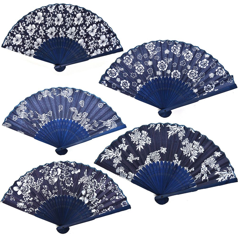Flower Bamboo Blue Wedding Design Chinese Summer Frame Decor Fan Hand Blue Fabric Dyed Cool Favor Classical With Style Party