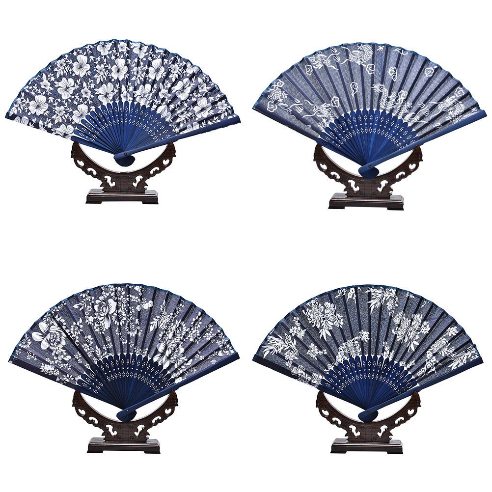 Flower Bamboo Blue Wedding Design Chinese Summer Frame Decor Fan Hand Blue Fabric Dyed Cool Favor Classical With Style Party