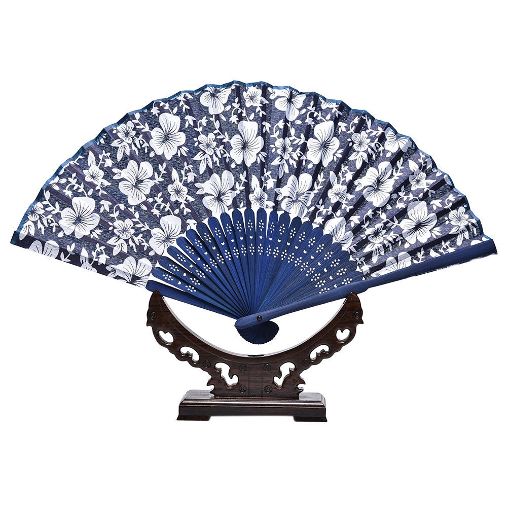 Flower Bamboo Blue Wedding Design Chinese Summer Frame Decor Fan Hand Blue Fabric Dyed Cool Favor Classical With Style Party