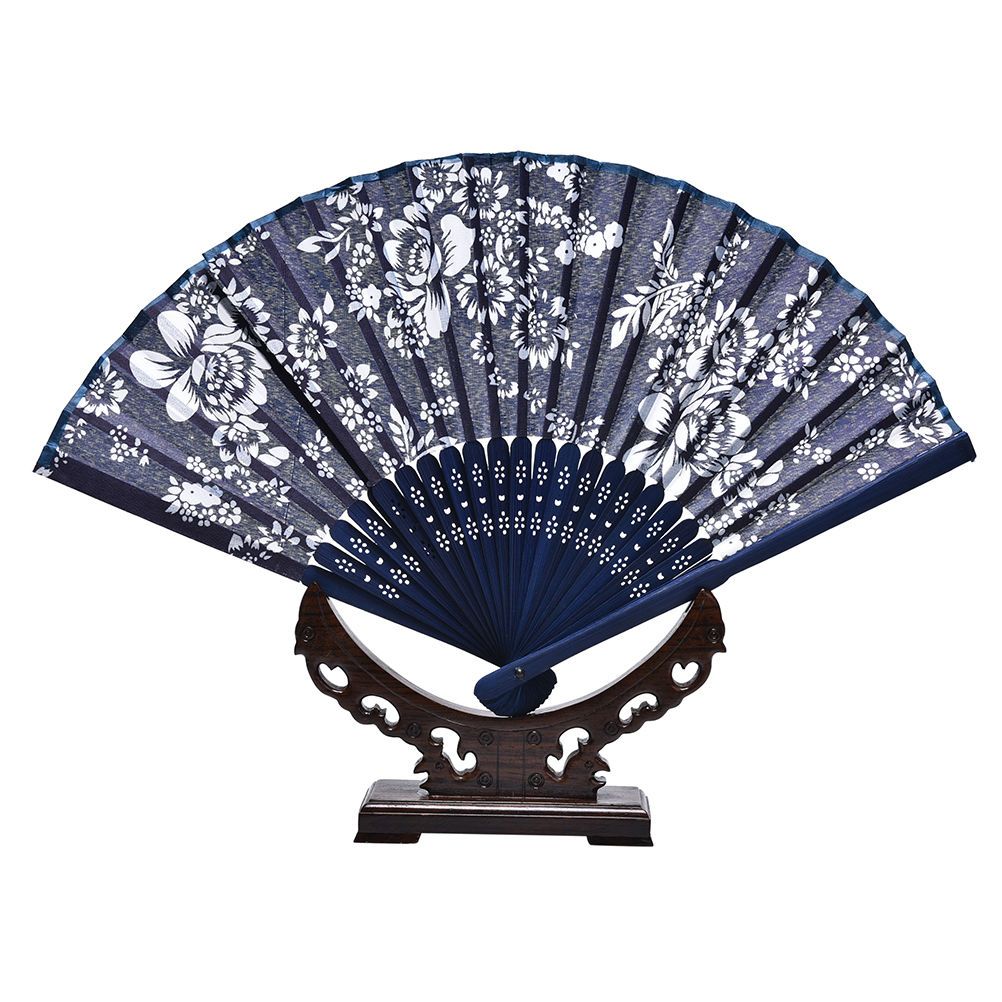 Flower Bamboo Blue Wedding Design Chinese Summer Frame Decor Fan Hand Blue Fabric Dyed Cool Favor Classical With Style Party
