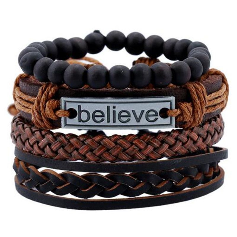 Vintage Wood Beads Let Fashion Hand-knitted Multi-layer Leather Feather Stone