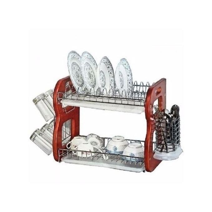 Plate Rack - 22 Plates 2 Tiers Wooden Dish/ Plate Rack