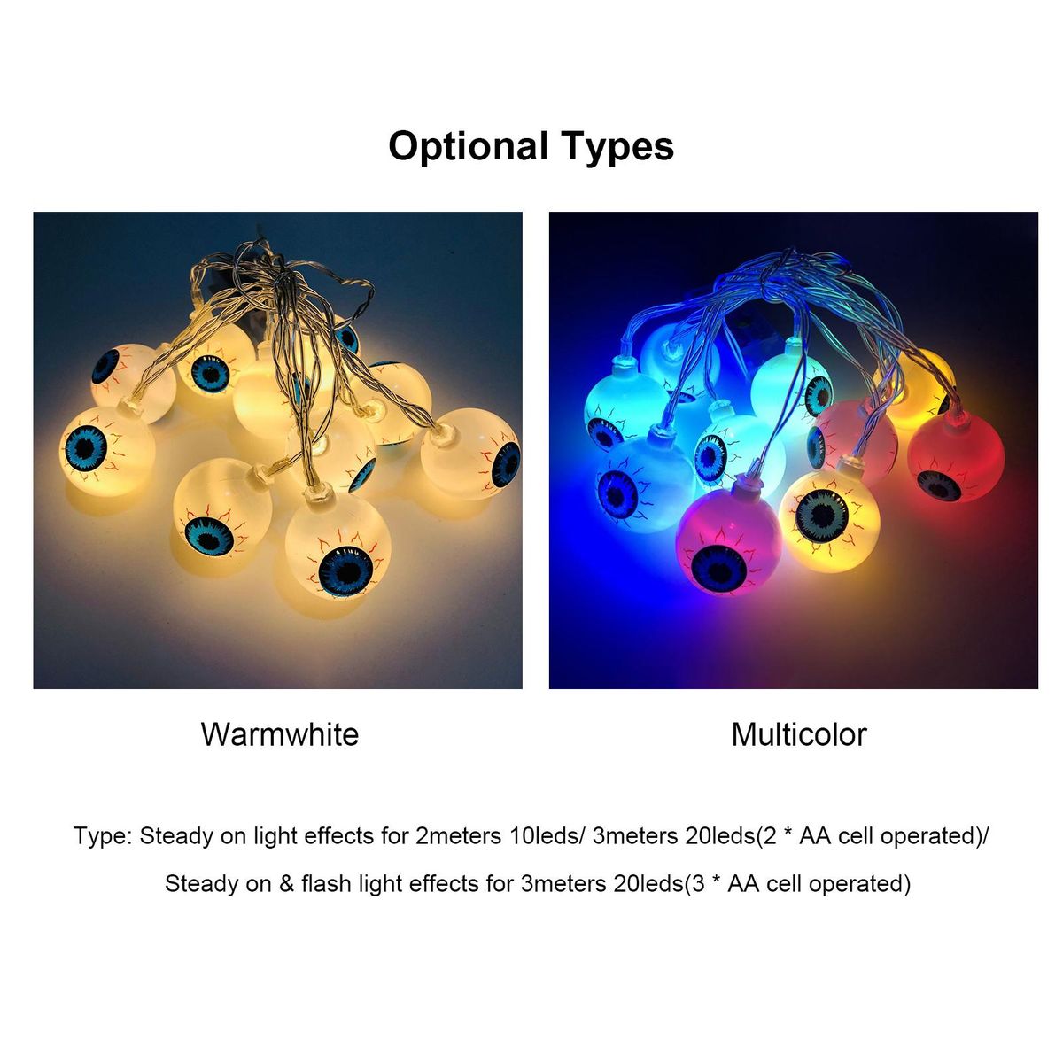 3 Meters 20LEDs Eyeball Design String Light Constant Bright Mode 2 * AA Cell Operated for Halloween Party Home Decoration Present Gift