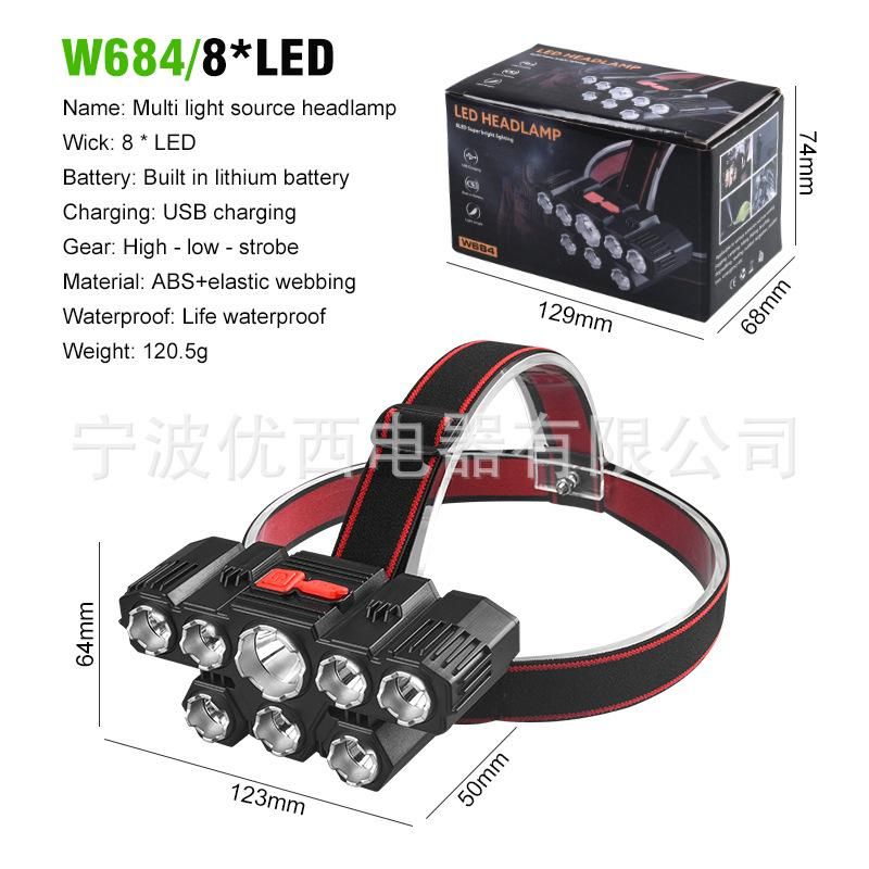 Rechargeable 8 LED Headlamp Super Bright Outdoor Flashlight