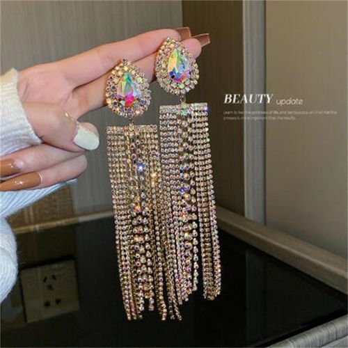 Black Gold Color Water Drop Crystal Earrings Oversize Long Tassel Rhinestone