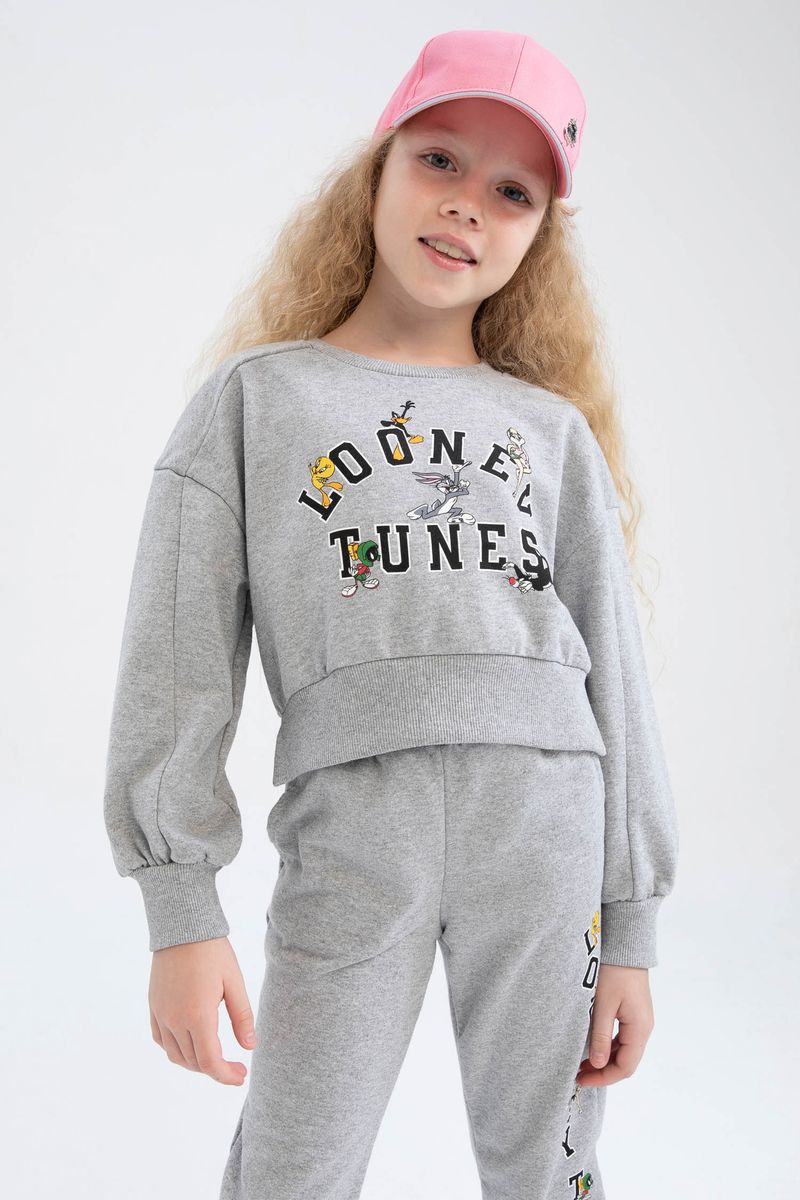 Girl - Cropped Fit C Neck Knitted Sweat Shirt - Grey