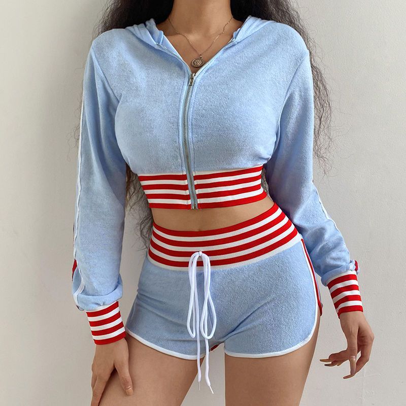 Striped Hoodie+shorts Sports Suit Zipper Color Contrast Slim